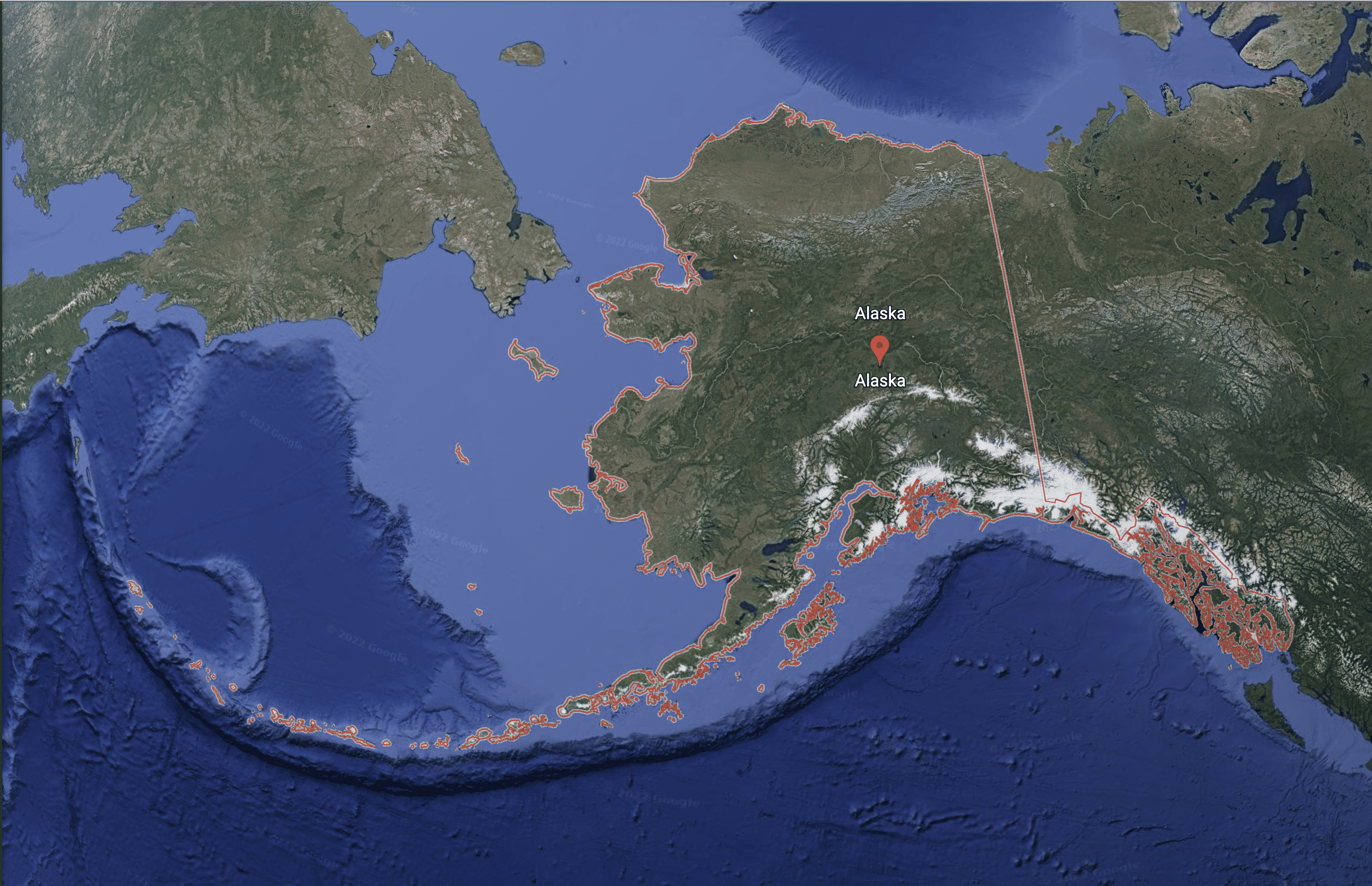Satellite overhead image of Alaska from Google Earth 2022