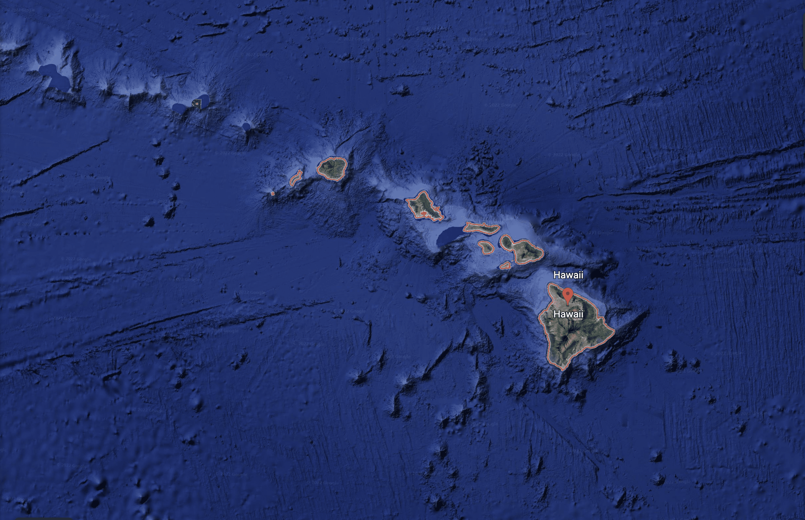 Satellite overhead image of Hawaiian islands from Google Earth 2022