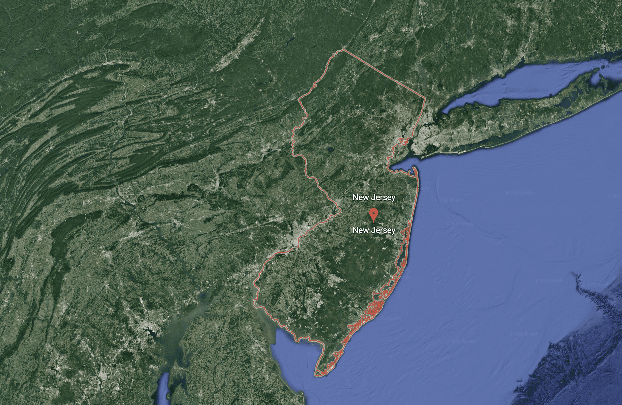 Satellite overhead image of New Jersey from Google Earth 2022