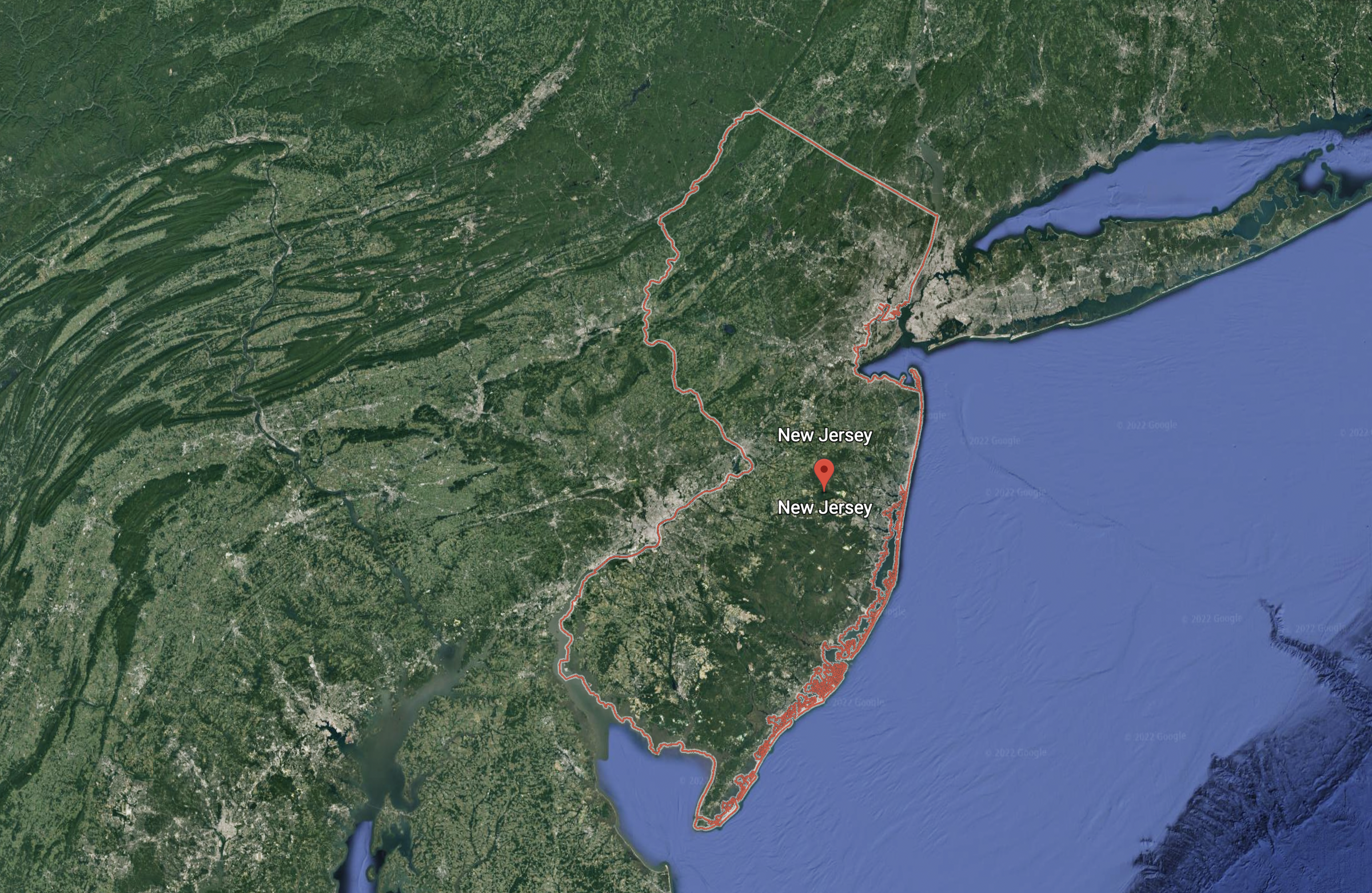 Satellite overhead image of New Jersey from Google Earth 2022