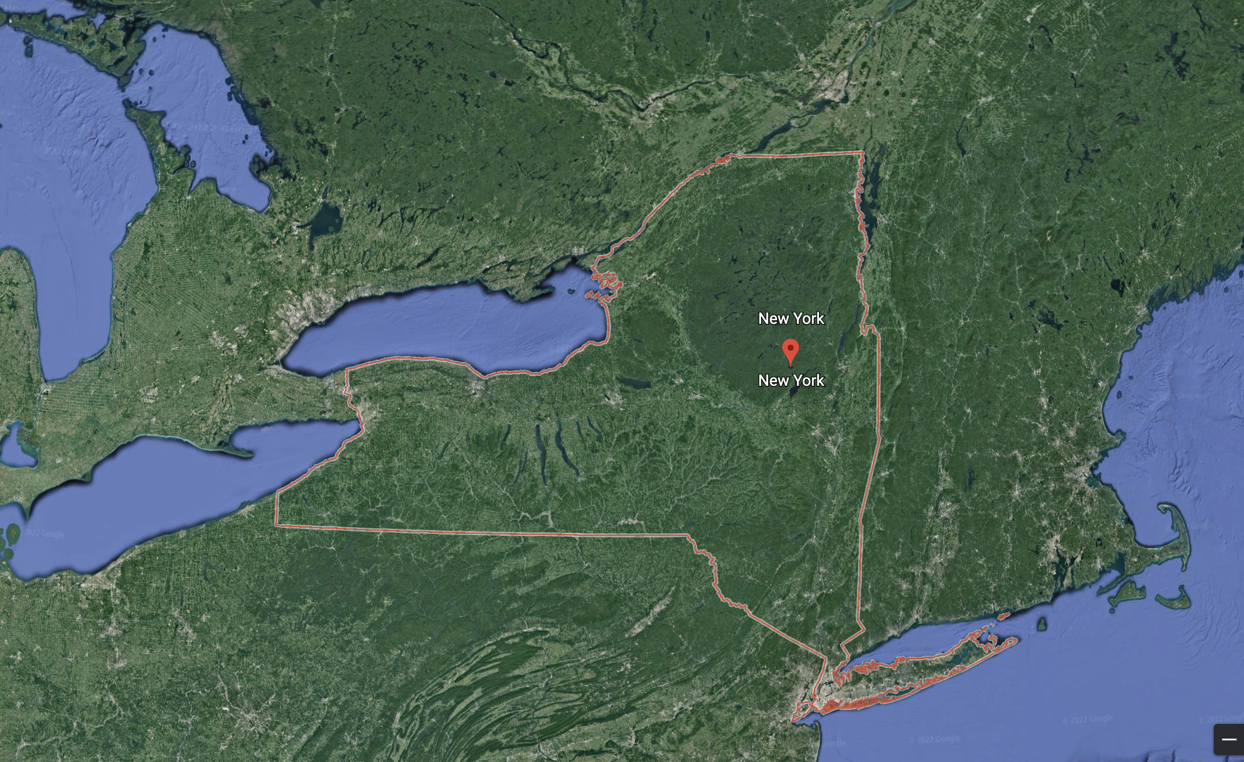 Satellite overhead image of New York State from Google Earth 2022