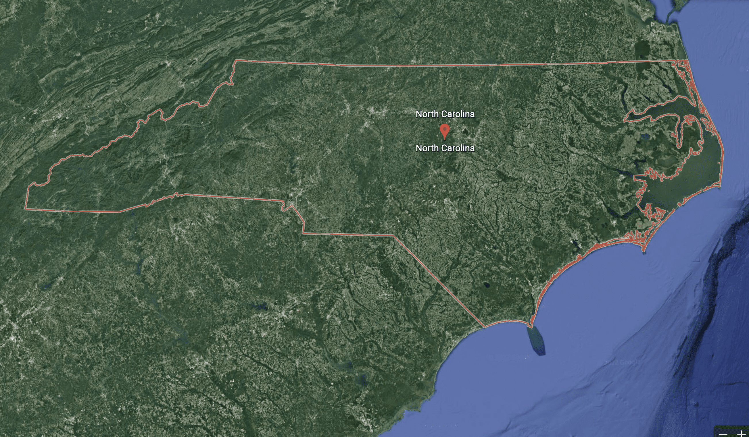 Satellite overhead image of North Carolina from Google Earth 2022