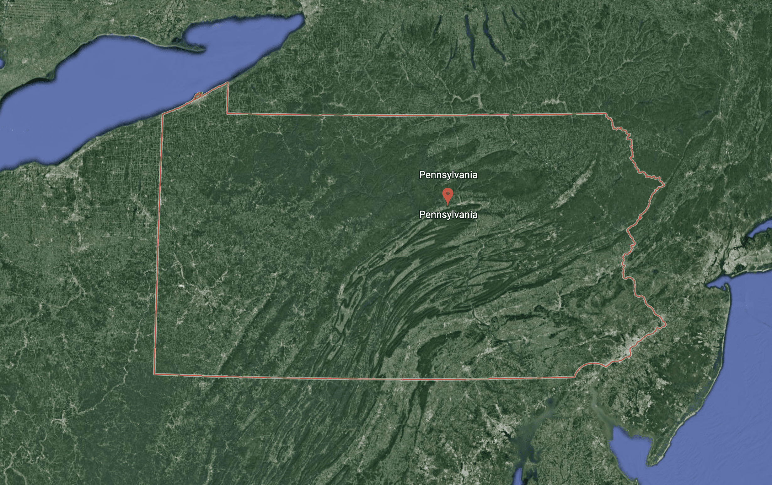 Satellite overhead image of Pennsylvania from Google Earth 2022