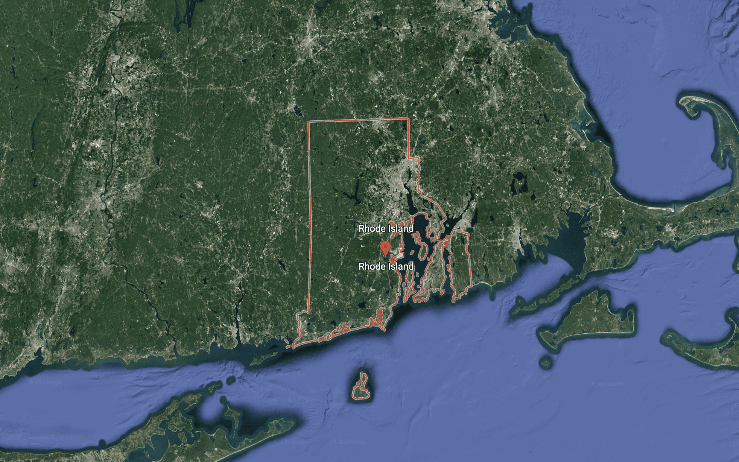 Satellite overhead image of Rhode Island from Google Earth 2022