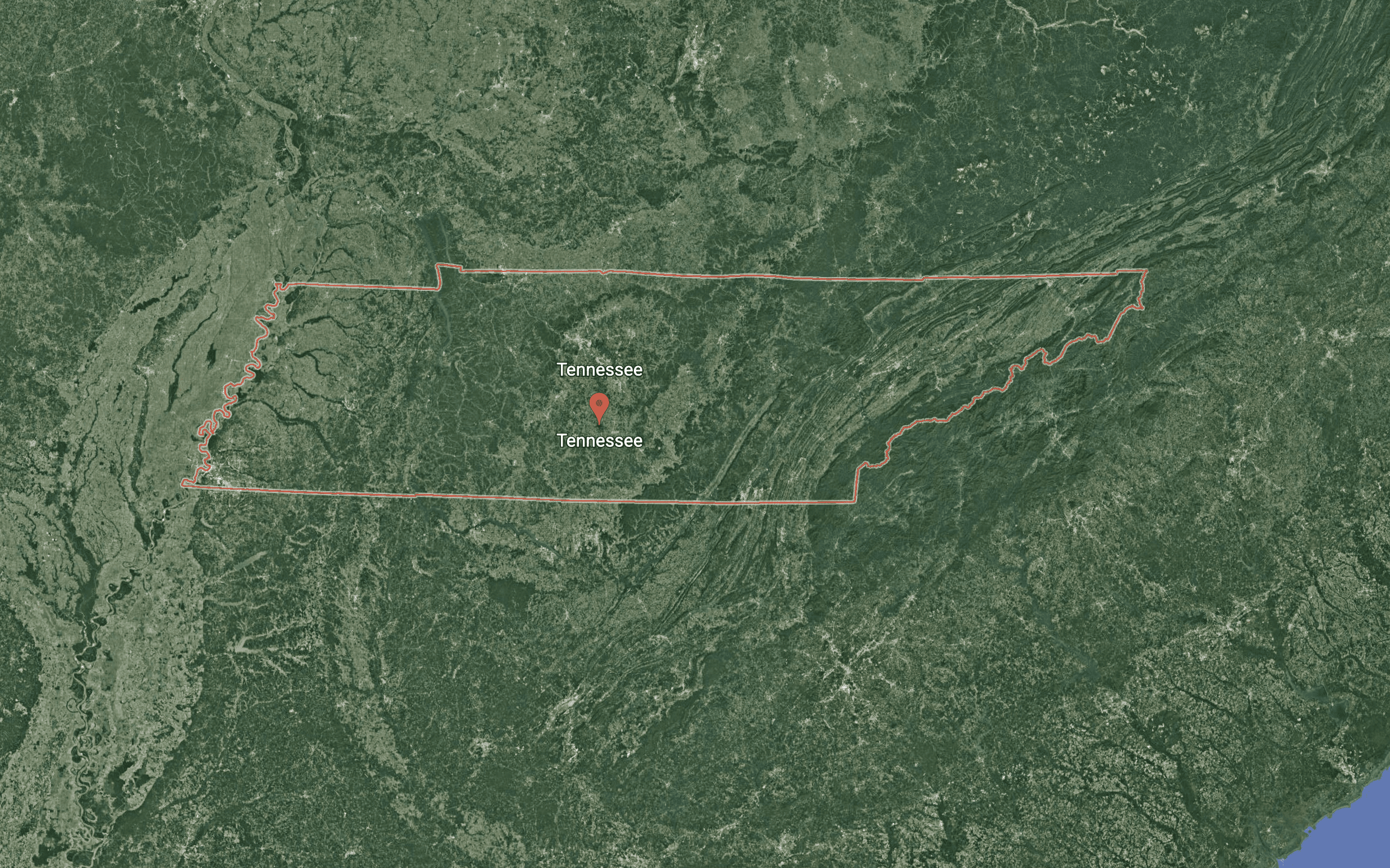 Satellite overhead image of Tennessee from Google Earth 2022