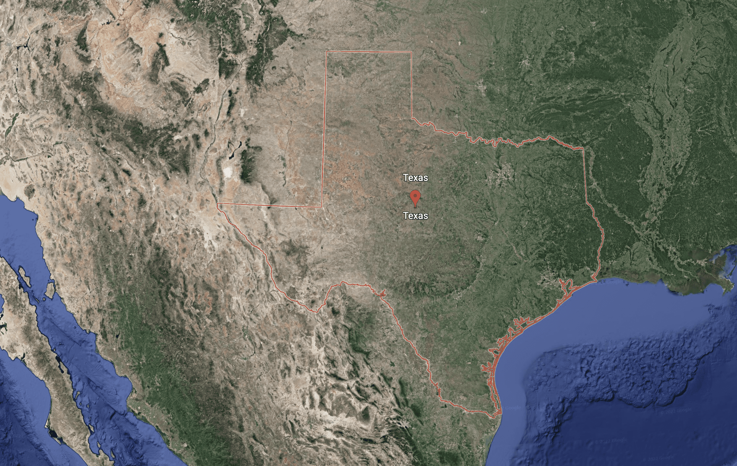 Satellite overhead image of Texas from Google Earth 2022
