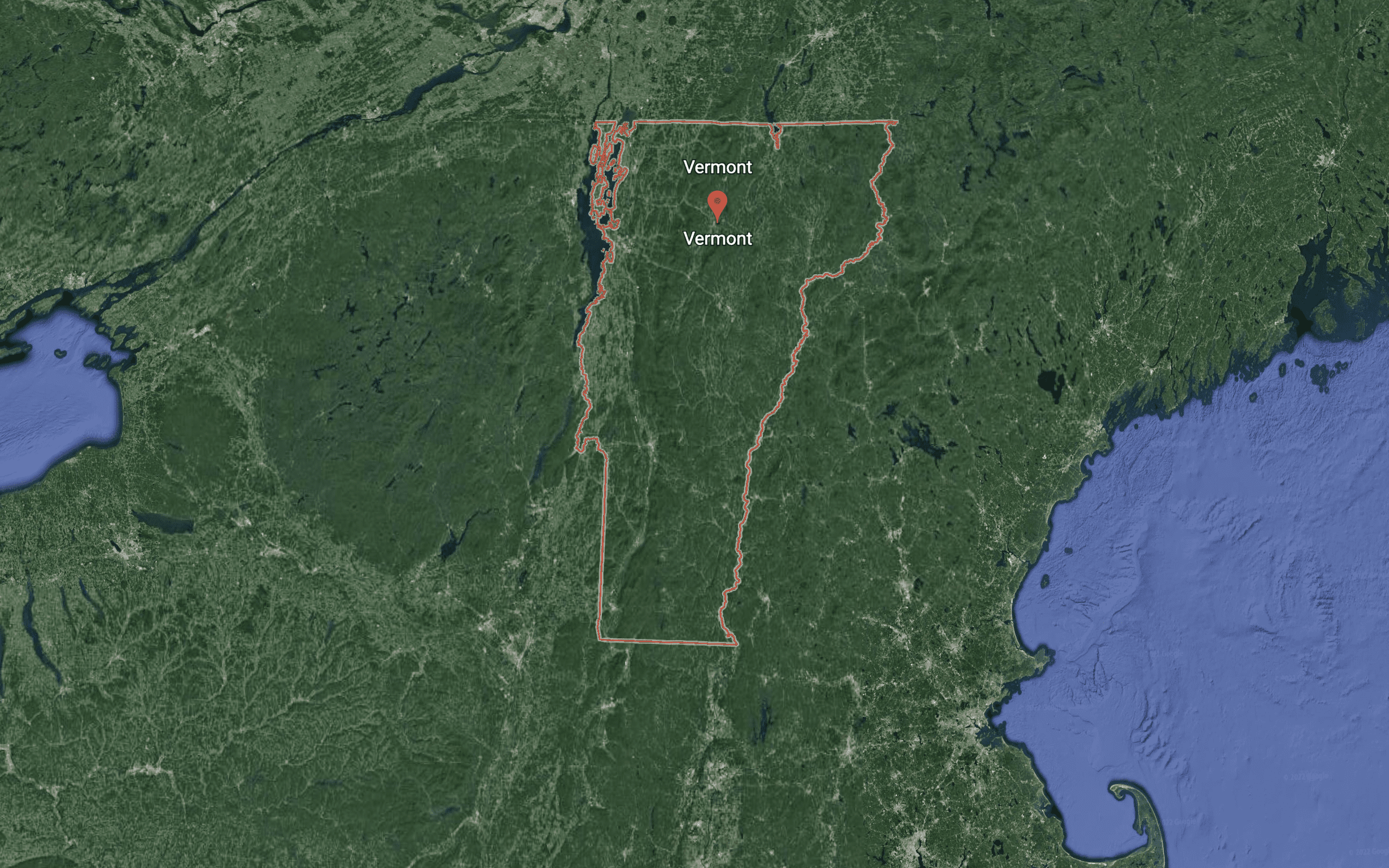 Satellite overhead image of Vermont from Google Earth 2022