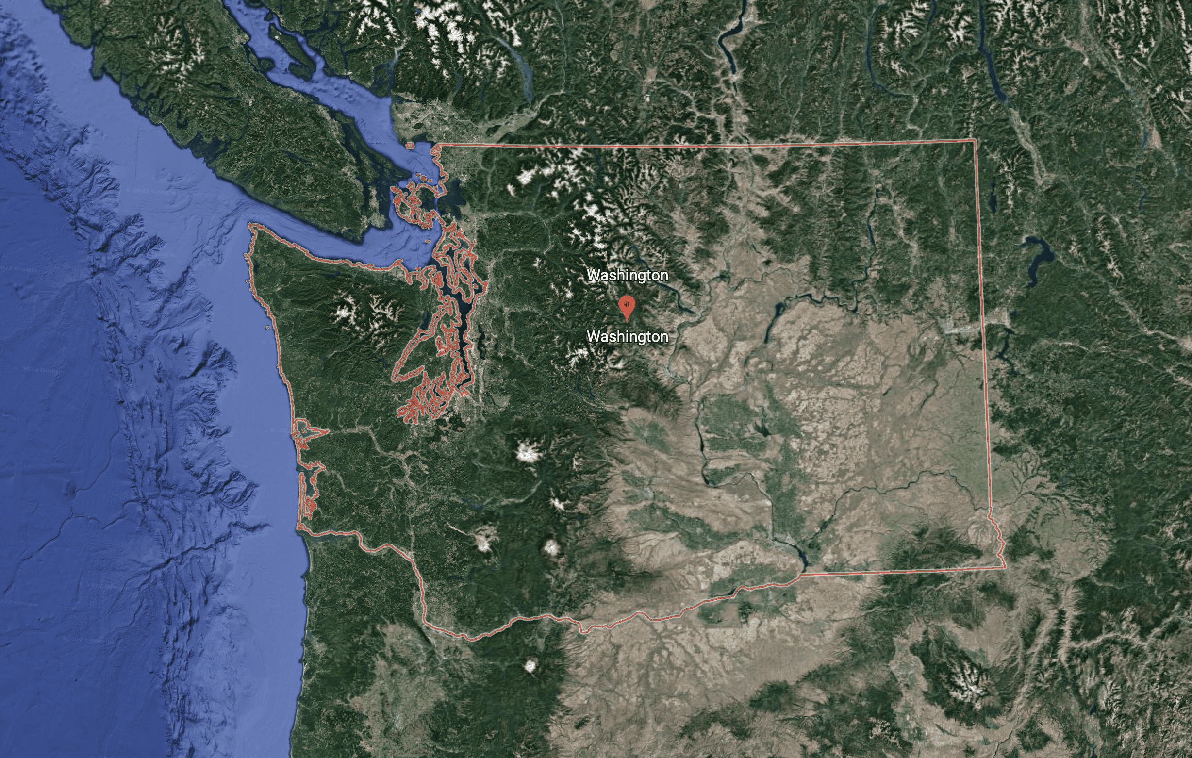Satellite overhead image of Washington State from Google Earth 2022