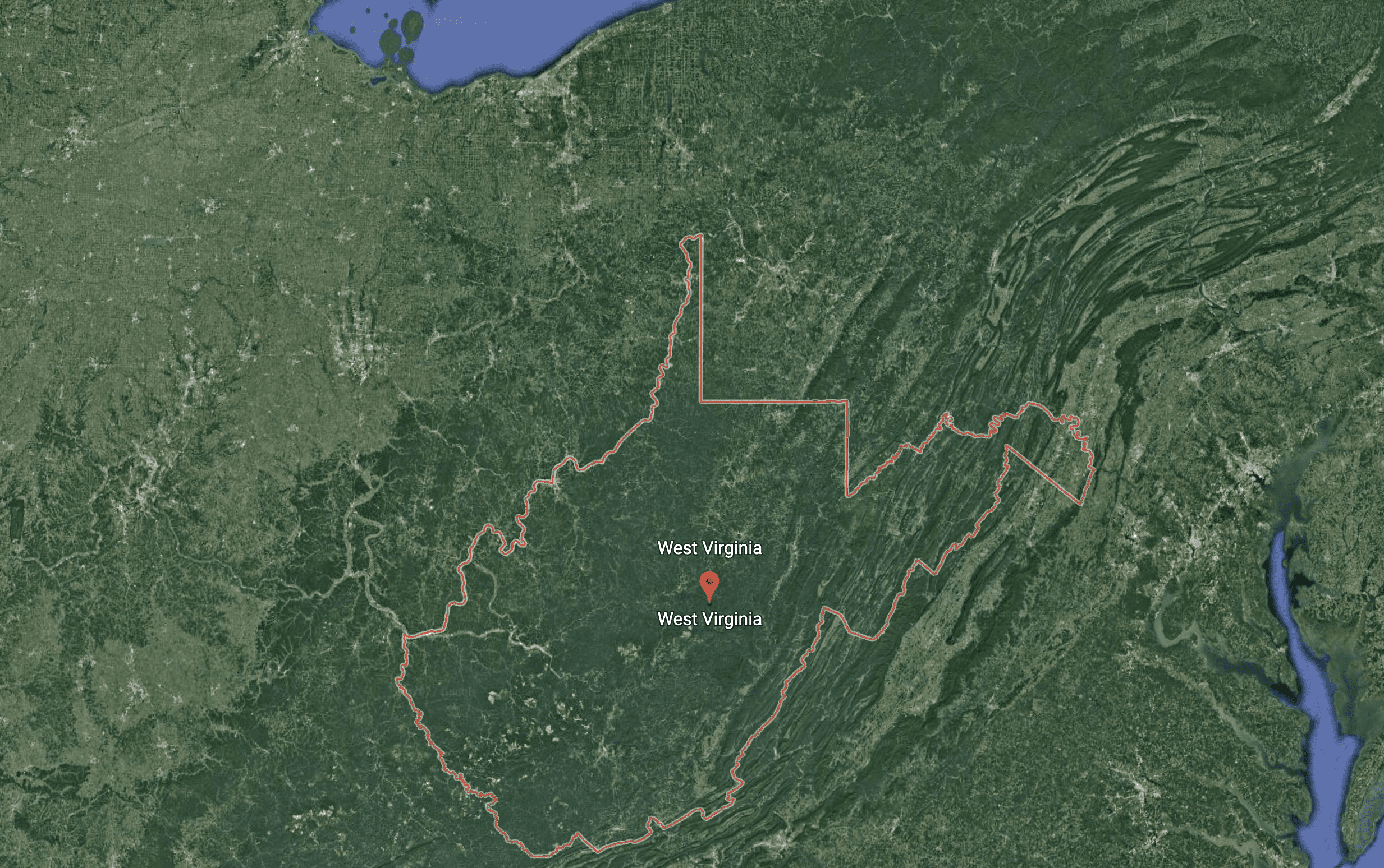 Satellite overhead image of West Virgina from Google Earth 2022