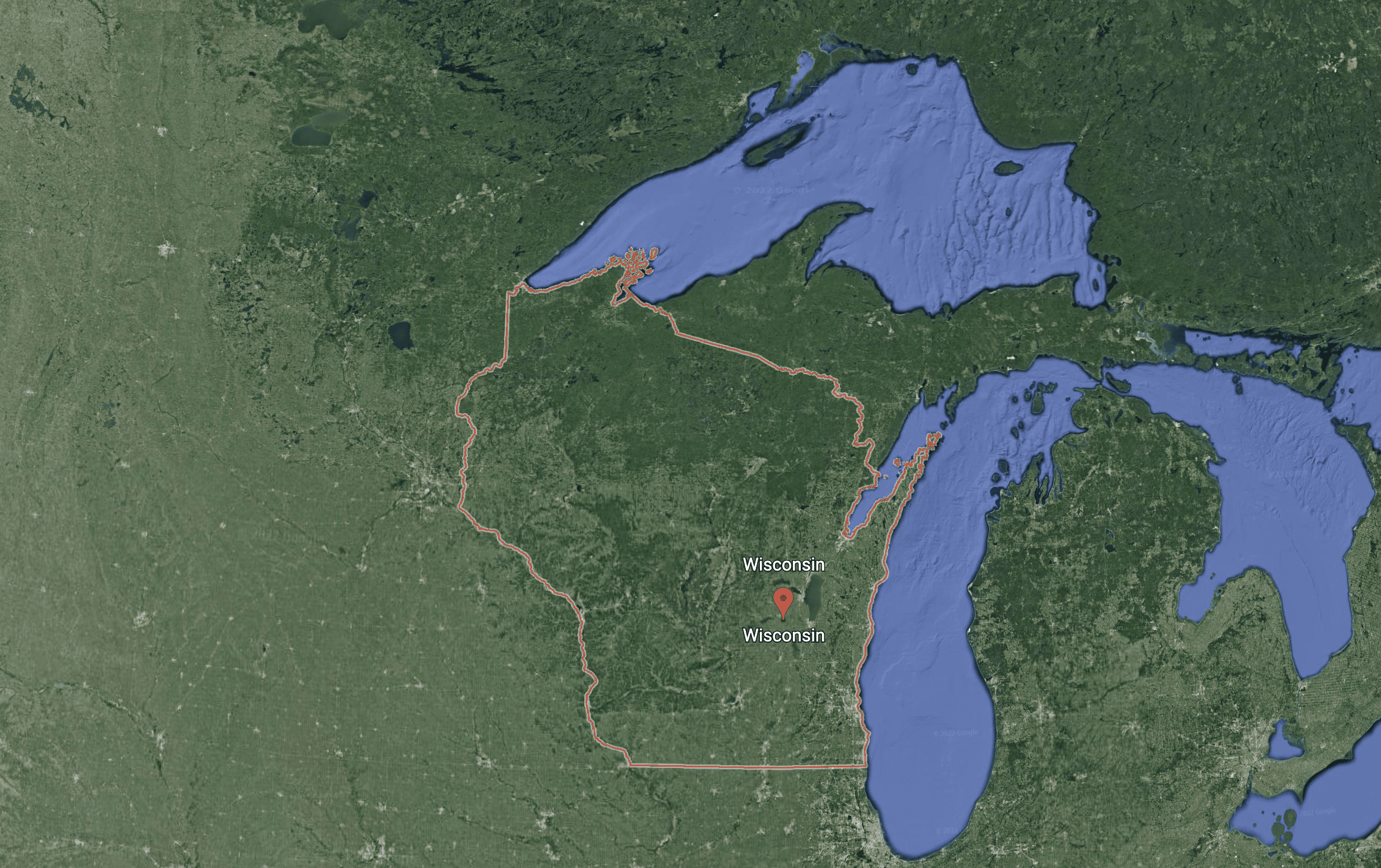 Satellite overhead image of Wisconsin from Google Earth 2022